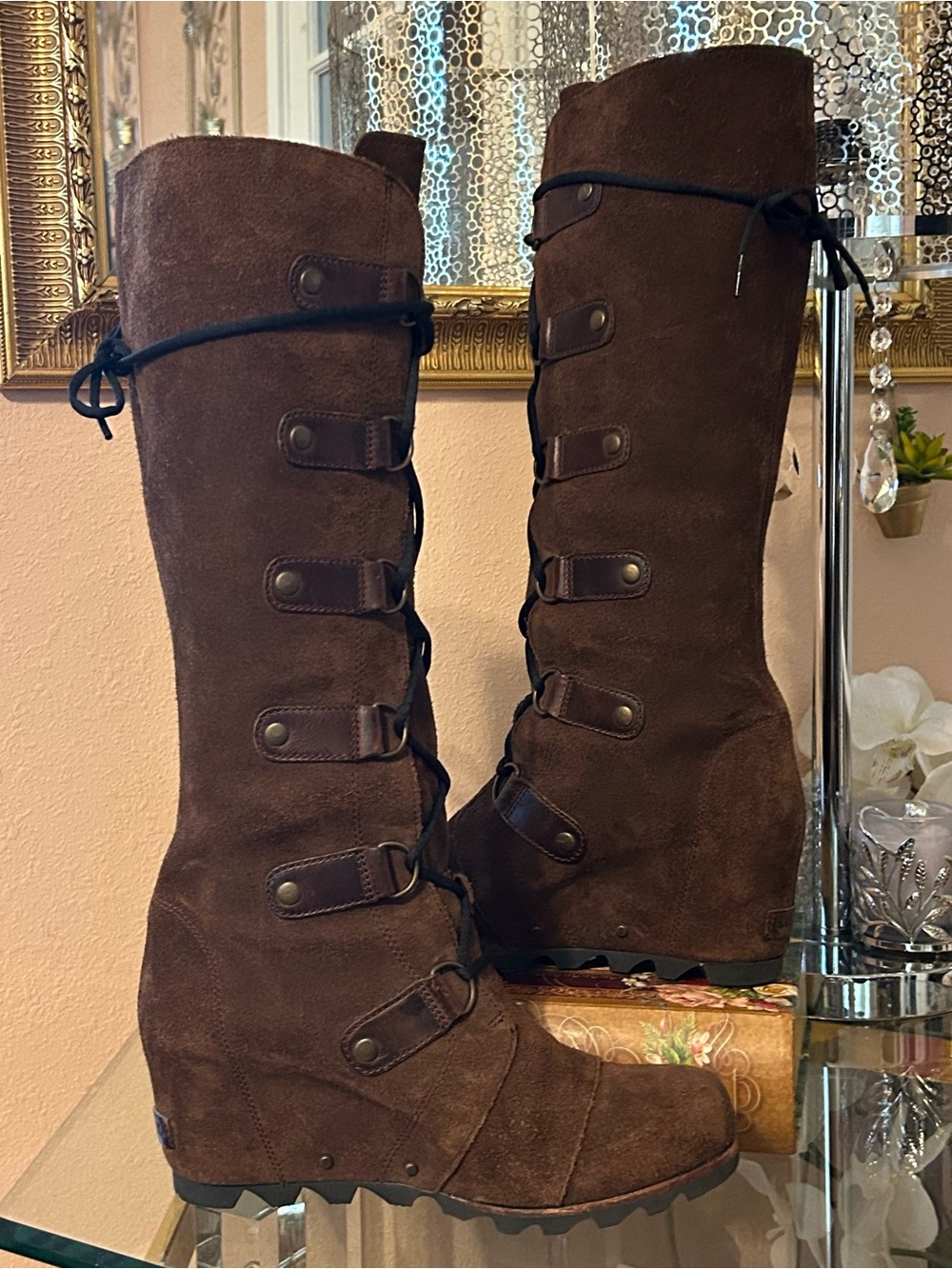 Sorel Tall Joan of Arctic Brown Suede Lace-Up Wedge Knee Boots Size 9.5